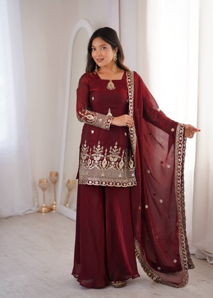Classy Maroon Embroidered Sharara Suit Set for Wedding and Festive Wear Ready To Wear Collection