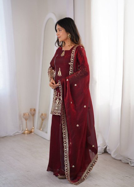 Classy Maroon Embroidered Sharara Suit Set for Wedding and Festive Wear Ready To Wear Collection