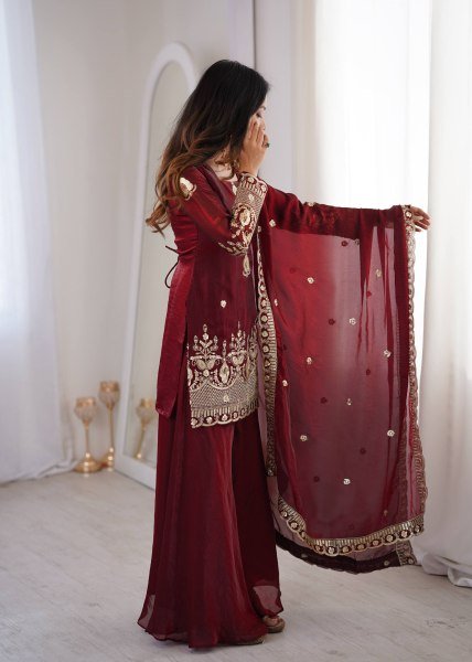 Classy Maroon Embroidered Sharara Suit Set for Wedding and Festive Wear Ready To Wear Collection