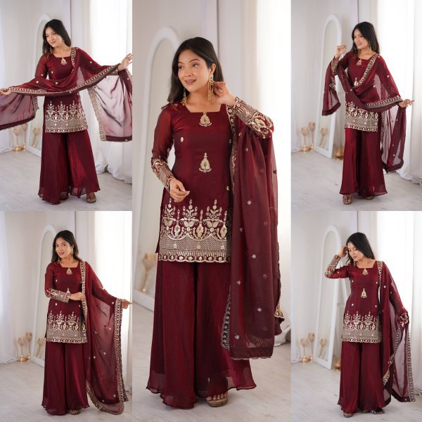 Classy Maroon Embroidered Sharara Suit Set for Wedding and Festive Wear Ready To Wear Collection