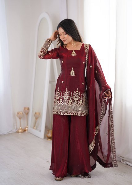 Classy Maroon Embroidered Sharara Suit Set for Wedding and Festive Wear Ready To Wear Collection