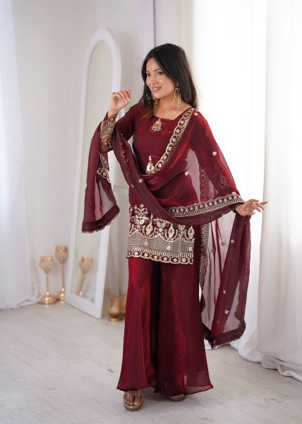 Classy Maroon Embroidered Sharara Suit Set for Wedding and Festive Wear Ready To Wear Collection