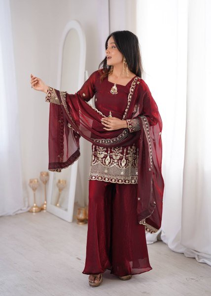Classy Maroon Embroidered Sharara Suit Set for Wedding and Festive Wear Ready To Wear Collection