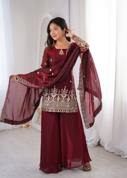 Classy Maroon Embroidered Sharara Suit Set for Wedding and Festive Wear Ready To Wear Collection