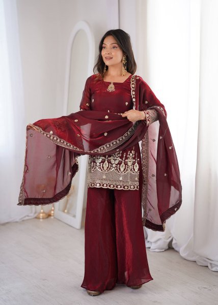 Classy Maroon Embroidered Sharara Suit Set for Wedding and Festive Wear Ready To Wear Collection