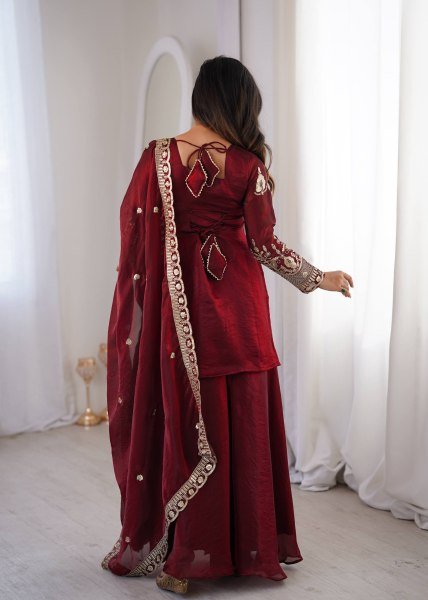 Classy Maroon Embroidered Sharara Suit Set for Wedding and Festive Wear Ready To Wear Collection