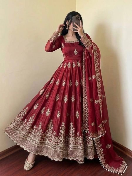 Classy Maroon Fully Stitched Fendy Silk Gown with Micro Cotton Pant and Dupatta 