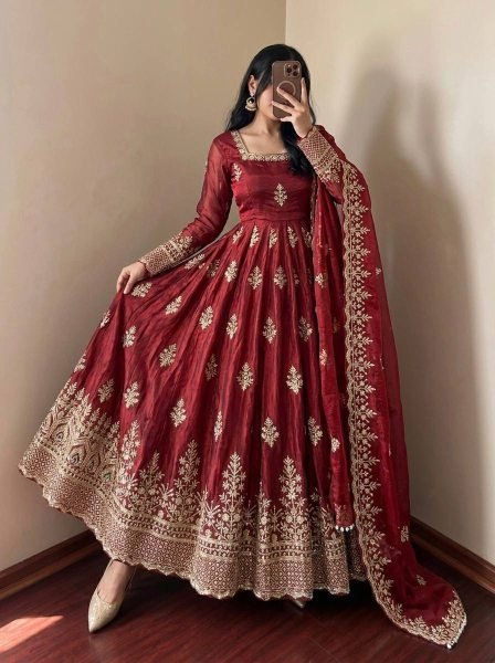 Classy Maroon Fully Stitched Fendy Silk Gown with Micro Cotton Pant and Dupatta Ready To Wear Collection