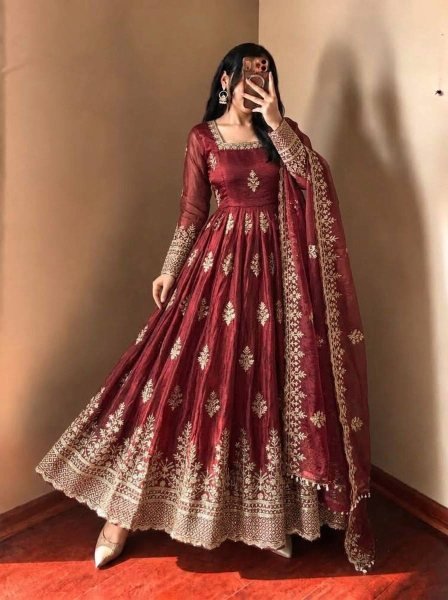 Classy Maroon Fully Stitched Fendy Silk Gown with Micro Cotton Pant and Dupatta Ready To Wear Collection