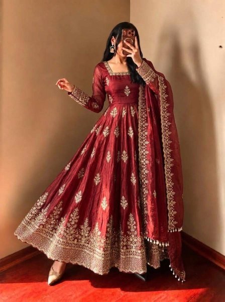 Classy Maroon Fully Stitched Fendy Silk Gown with Micro Cotton Pant and Dupatta Ready To Wear Collection