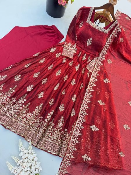 Classy Maroon Fully Stitched Fendy Silk Gown with Micro Cotton Pant and Dupatta Ready To Wear Collection