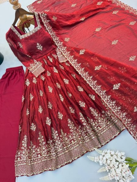 Classy Maroon Fully Stitched Fendy Silk Gown with Micro Cotton Pant and Dupatta Ready To Wear Collection