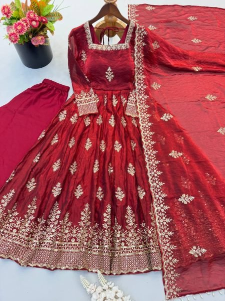 Classy Maroon Fully Stitched Fendy Silk Gown with Micro Cotton Pant and Dupatta Ready To Wear Collection