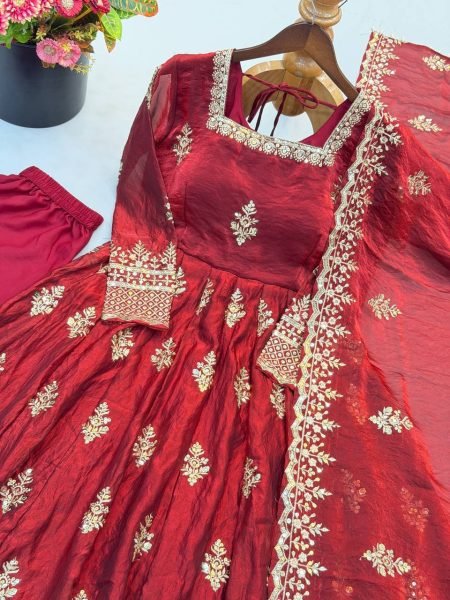 Classy Maroon Fully Stitched Fendy Silk Gown with Micro Cotton Pant and Dupatta Ready To Wear Collection