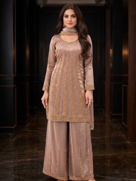 Classy Mauve Partywear Premium Silk Beaded Top with Matching Palazzo and Dupatta 