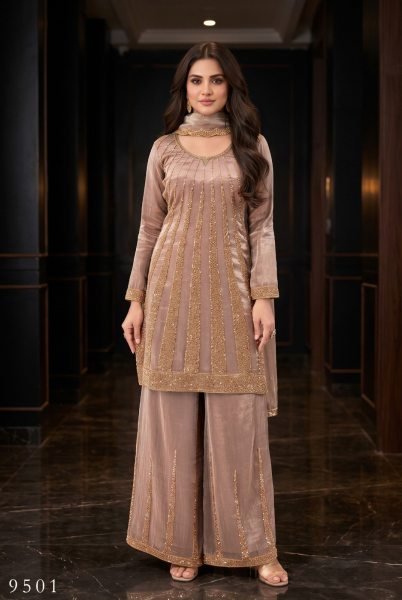 Classy Mauve Partywear Premium Silk Beaded Top with Matching Palazzo and Dupatta Designer Plazzo Salwar Suits Wholesale