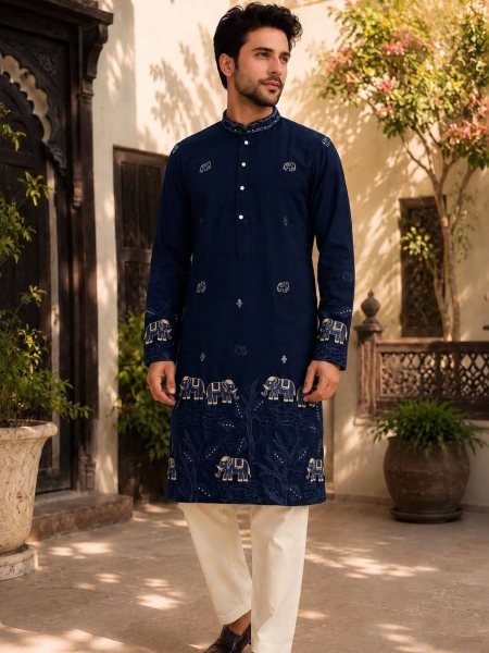 Classy Navy Blue Armaani Lachko Kurta Pajama with Cotton Pyjama For Party 