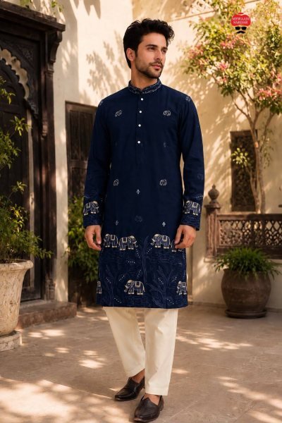 Classy Navy Blue Armaani Lachko Kurta Pajama with Cotton Pyjama For Party Kurta Pajama Wholesale