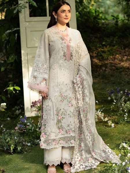 Classy Off White Comfortable Lawn Cotton Suit Set with Heavy Self Embroidery Design 