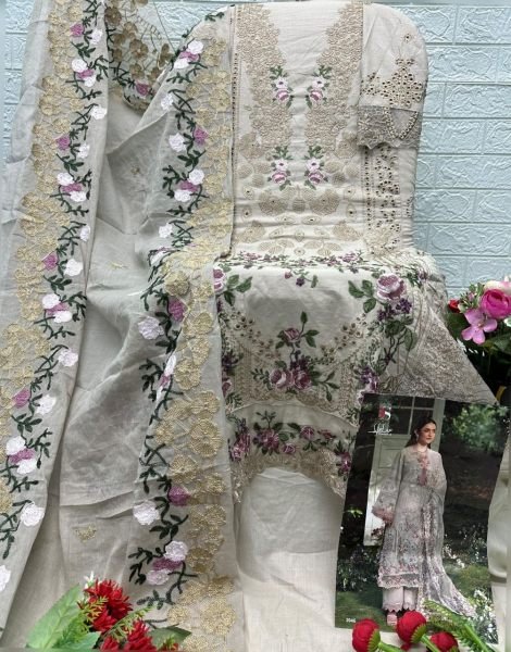 Classy Off White Comfortable Lawn Cotton Suit Set with Heavy Self Embroidery Design Pakistani Suits Wholesale