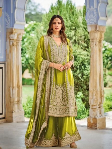 Classy Olive Green Heavy Chinon Embroidery Suit Set with Matching Palazzo Designer Plazzo Salwar Suits Wholesale