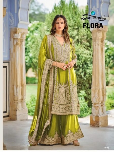 Classy Olive Green Heavy Chinon Embroidery Suit Set with Matching Palazzo Designer Plazzo Salwar Suits Wholesale