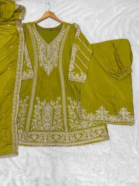 Classy Olive Green Heavy Chinon Embroidery Suit Set with Matching Palazzo Designer Plazzo Salwar Suits Wholesale