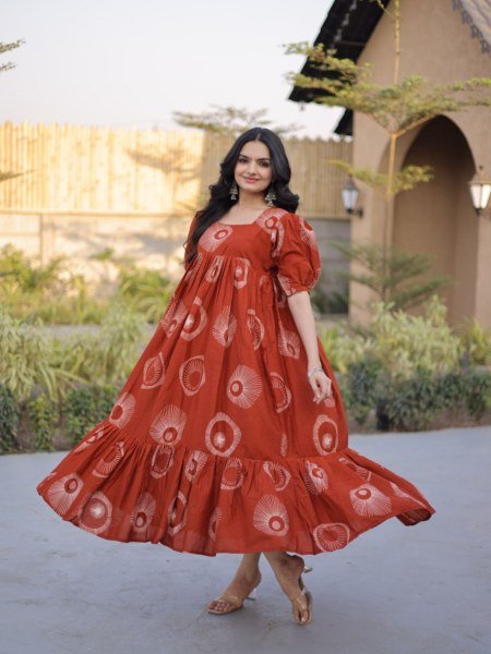 Classy Orange Cotton Long Kurti with Puff Sleeves and Square Neck for Women Kurtis