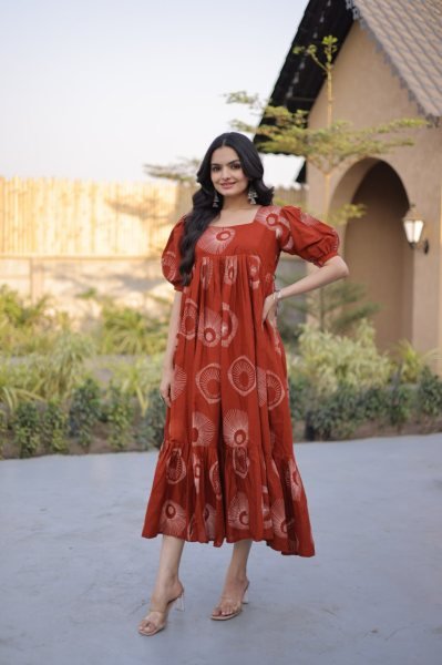 Classy Orange Cotton Long Kurti with Puff Sleeves and Square Neck for Women Printed Kurtis
