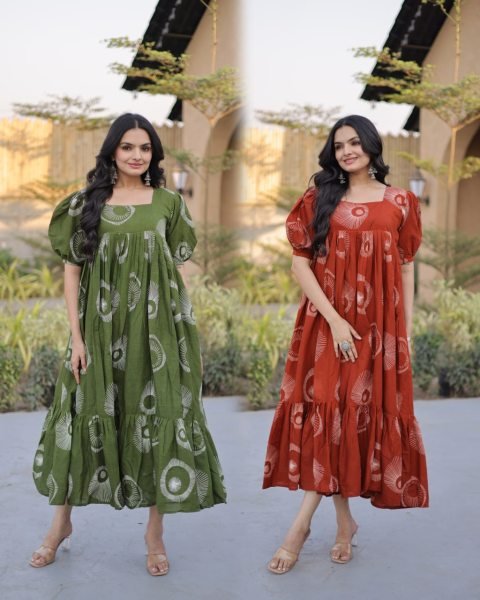 Classy Orange Cotton Long Kurti with Puff Sleeves and Square Neck for Women Printed Kurtis