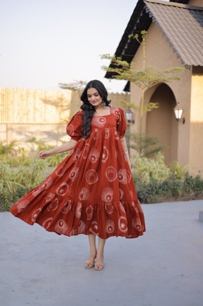 Classy Orange Cotton Long Kurti with Puff Sleeves and Square Neck for Women Printed Kurtis