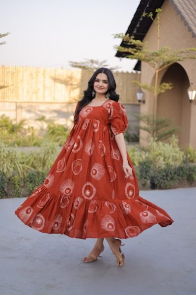 Classy Orange Cotton Long Kurti with Puff Sleeves and Square Neck for Women Printed Kurtis