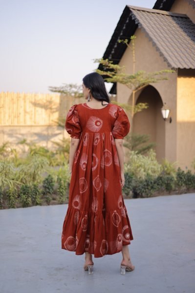 Classy Orange Cotton Long Kurti with Puff Sleeves and Square Neck for Women Printed Kurtis