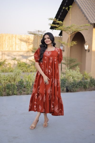 Classy Orange Cotton Long Kurti with Puff Sleeves and Square Neck for Women Printed Kurtis