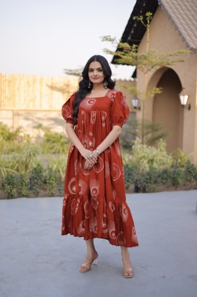 Classy Orange Cotton Long Kurti with Puff Sleeves and Square Neck for Women Printed Kurtis