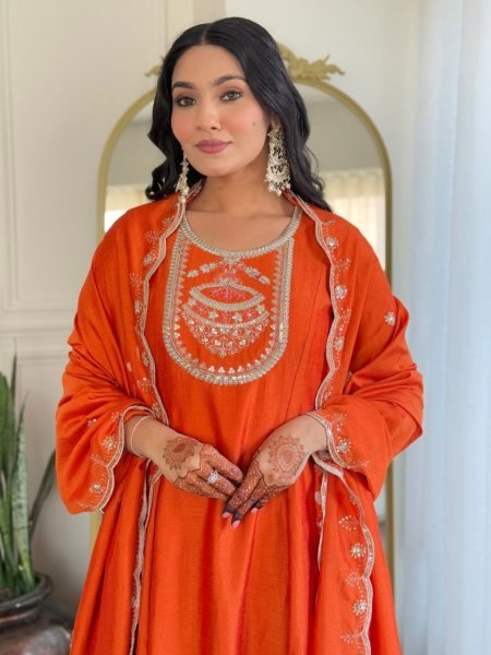 Classy Orange Embroidered Kurti Set with Dupatta – Perfect for Celebrations 3 Piece Kurti Set