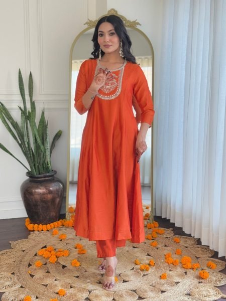 Classy Orange Embroidered Kurti Set with Dupatta – Perfect for Celebrations 3 Piece Kurti Set