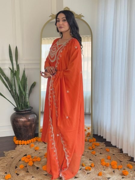 Classy Orange Embroidered Kurti Set with Dupatta – Perfect for Celebrations 3 Piece Kurti Set