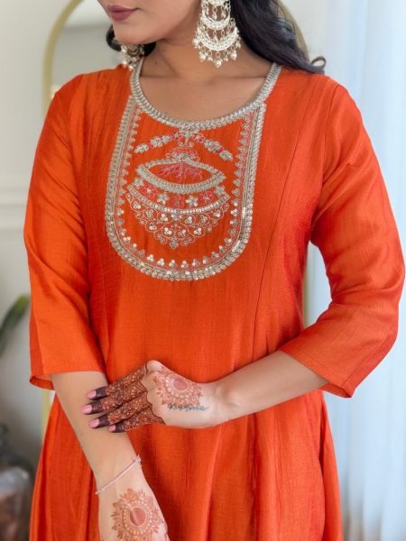Classy Orange Embroidered Kurti Set with Dupatta – Perfect for Celebrations 3 Piece Kurti Set