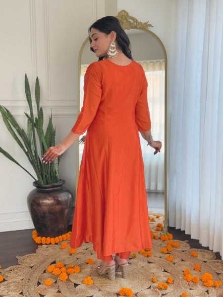 Classy Orange Embroidered Kurti Set with Dupatta – Perfect for Celebrations 3 Piece Kurti Set