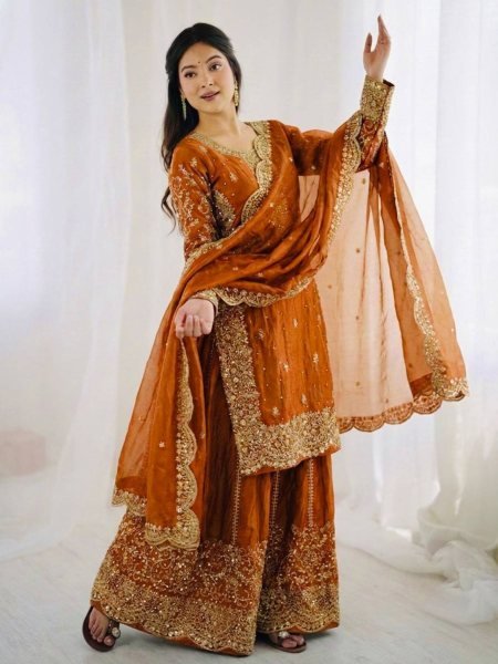 Classy Orange New Arrival Party Wear Suit Set with Sequins Work Ready To Wear Suit