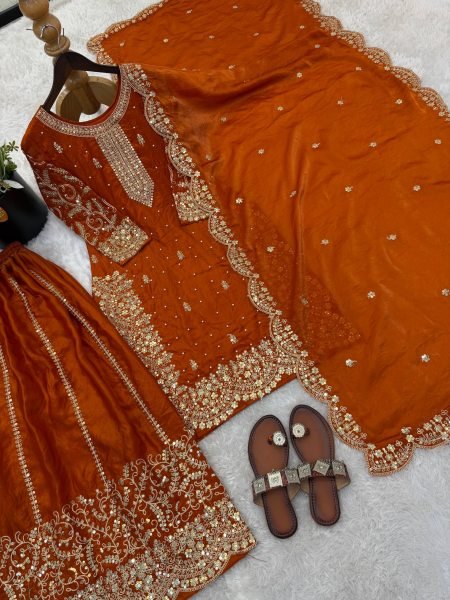 Classy Orange New Arrival Party Wear Suit Set with Sequins Work Ready To Wear Collection
