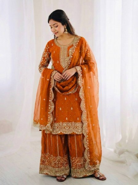 Classy Orange New Arrival Party Wear Suit Set with Sequins Work Ready To Wear Collection