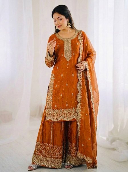 Classy Orange New Arrival Party Wear Suit Set with Sequins Work Ready To Wear Collection