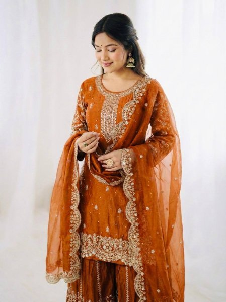 Classy Orange New Arrival Party Wear Suit Set with Sequins Work Ready To Wear Collection