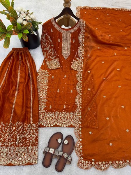 Classy Orange New Arrival Party Wear Suit Set with Sequins Work Ready To Wear Collection