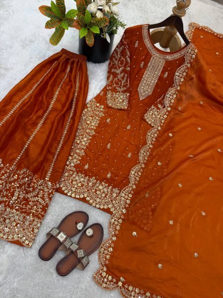 Classy Orange New Arrival Party Wear Suit Set with Sequins Work Ready To Wear Collection