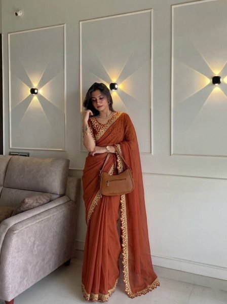Classy Orange Soft Rangoli Silk Saree with Cutwork Lace Border for Special Occasions Embroidery Sarees Wholesale
