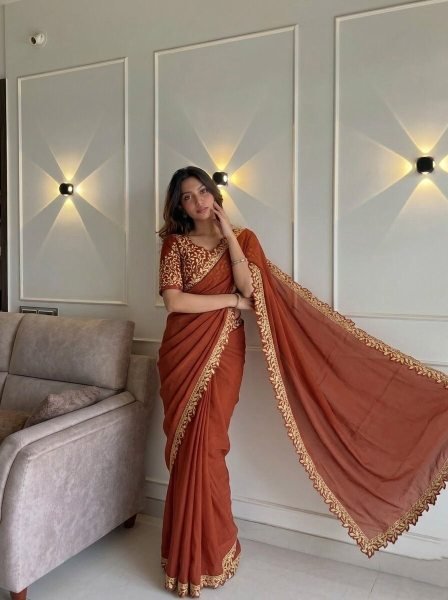 Classy Orange Soft Rangoli Silk Saree with Cutwork Lace Border for Special Occasions Embroidery Sarees Wholesale
