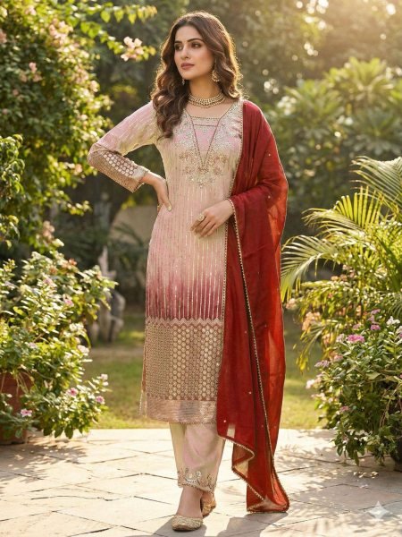 Classy Peach Chinnon Kurta Pant Set with Sequins Work for Women Ready To Wear Suit